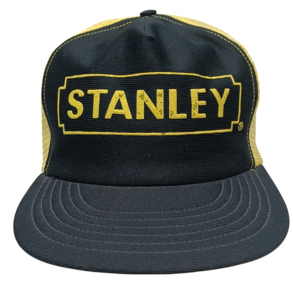 Vtg Trucker Hat Stanley Tools‎ Black &Yellow Cap 80s Mesh Snap Back Hardware USA